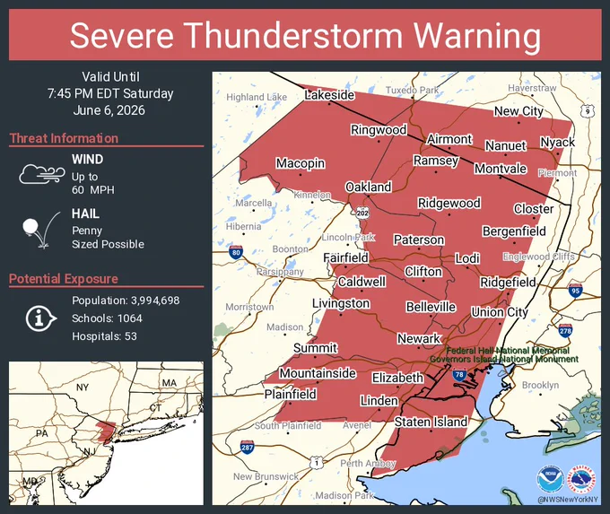 This graphic displays a severe thunderstorm warning plotted on a map. The warning is in effect until 7:45 PM EDT. The warning includes Staten Island NY, Newark NJ and Jersey City NJ.  This warning is for Hudson County in northeastern New Jersey, Passaic County in northeastern New Jersey, Union County in northeastern New Jersey, Bergen County in northeastern New Jersey, Essex County in northeastern New Jersey, South central Orange County in southeastern New York, Richmond County in southeastern New York and Rockland County in southeastern New York. The threats associated with this warning are wind gusts up to 60 MPH and penny sized hail. There are 3,994,698 people in the warning along with 1064 schools and 53 hospitals.