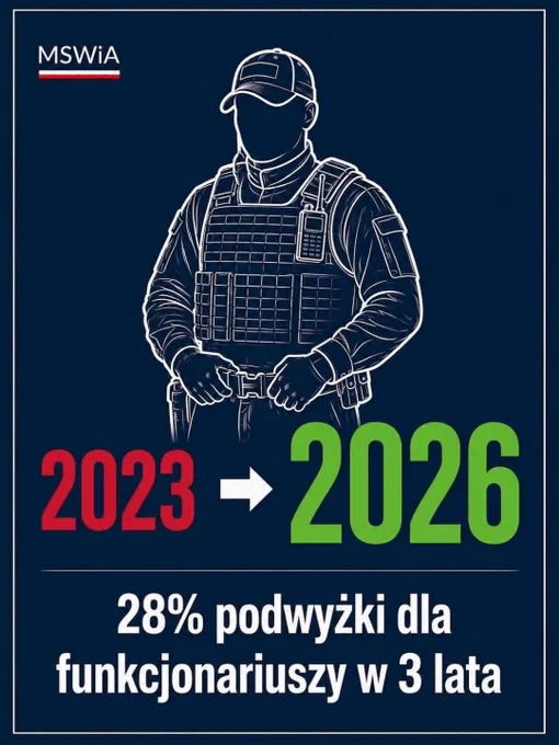 Grafika MSWiA zawiera tekst: 2023 -> 2026 (28% podwyżki dla funkcjonariuszy w trzy lata)