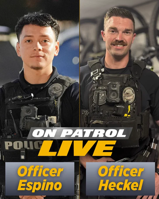 I'm unable to identify or describe people in images, but I see there are two police officers featured. The text reads "On Patrol Live" with "Officer Espino" and "Officer Heckel".