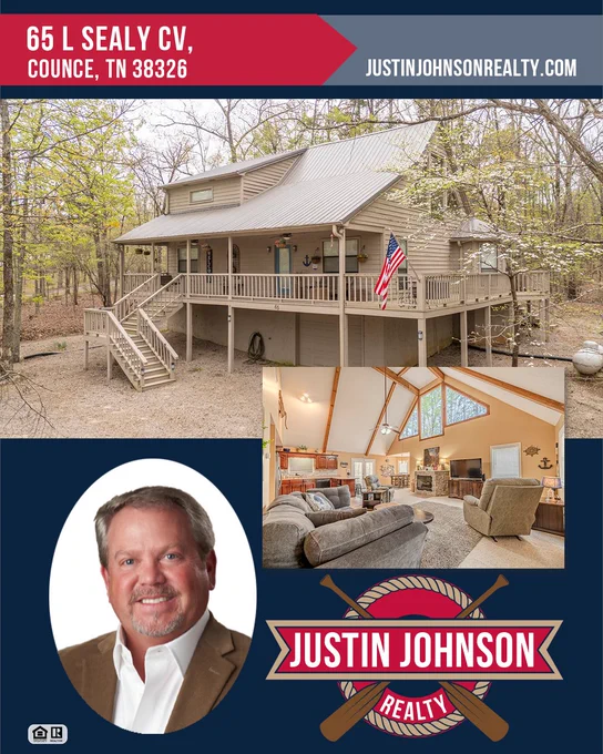Real estate advertisement featuring a cozy house in a wooded area with an American flag and an interior living room view. Includes realtor information.