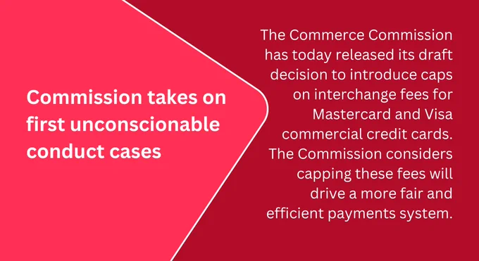 The Commerce Commission has today released its draft decision to introduce caps on interchange fees for Mastercard and Visa commercial credit cards. The Commission considers capping these fees will drive a more fair and efficient payments system.

New Zealand businesses currently pay approximately $125m each year in interchange fees to accept Mastercard and Visa commercial credit cards. 