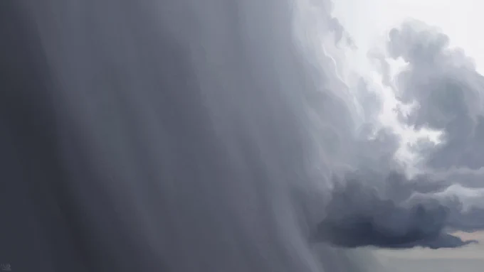 Digital painting of a rainy sky: a large, dark curtain of rain is moving three quarters of the way into the right-hand side of the frame, swallowing tall grey clouds. There is a brightness in the top right corner, casting a slight glow.