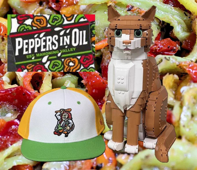 A green, white, and yellow Peppers in Oil cap next to LIDS the Lego Cat.  A Peppers in Oil logo in the upper left side of the figure.  Photo of peppers in oil in the background.