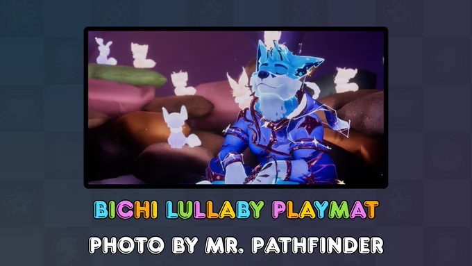Graphic for Furality Ultra’s Charity Auction. The showcased item is a one-of-a-kind playmat displaying F.Y.N.N., Furality’s blue vulpine mascot, resting serenely next to a group of Bichis, dreamy fox-like creatures. The scene is set in Furality Somna’s world in a room full of plush, comfy pillows.