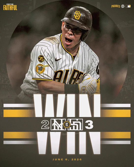 Padres Win Graphic. The background of the graphic is brown. In the top left corner, there is the “For the Faithful” logo. In the top right corner, there are the following logos: Padres, National League, and MLB. In the center of the graphic, there is a photo of Freddy Fermin. On top of this photo is a white and gold stripe. On top of this stripe, there is text that says, “WIN”. On top of this text is today’s final score: Mets 2, Padres 3. Beneath this text is today’s date: June 6, 2026.