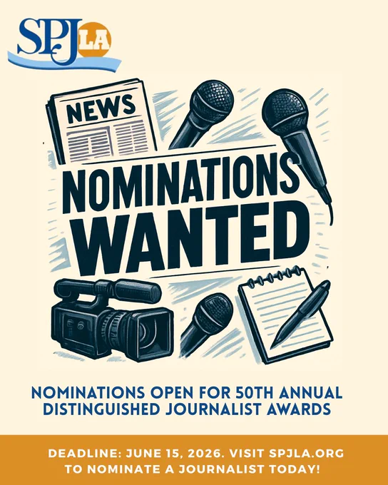 SPJLA logo in the upper left. Drawn images of a newspaper, video camera, microphones and a notebook and pen with the words Nominations Wanted.

Nominations open for 50th annual Distinguished Journalist Awards.

Deadline: June 15, 2016.  Deadline: June 15, 2026. VISIT spjla.org to nominate a journalist today!
