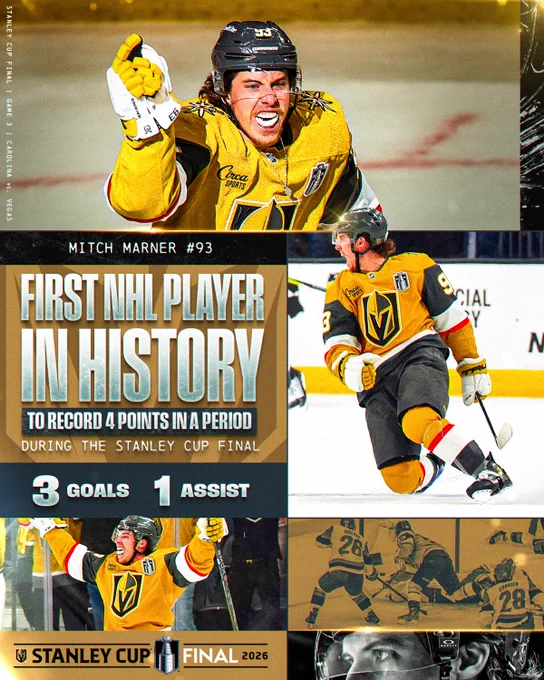 Multiple photos of Mitch Marner celebrating goals. Text reads \"Mitch Marner #93. First NHL player in history to record 4 points in a period during the Stanley Cup Final. 3 goals, 1 assist\". The Stanley Cup Final logo is in the bottom left corner. 