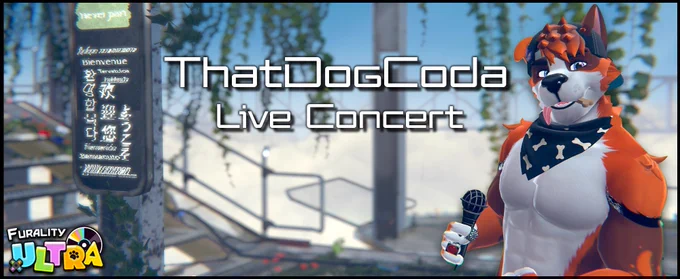 Banner for the performance, ThatDogCoda Live Concert. The banner features Coda, an orange and white domestic dog avatar who’s wearing a backwards hat and bandana. He’s also holding a microphone and has a dog treat in his mouth. The setting is an urban environment.
