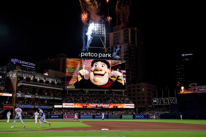 Photo of the board at Petco Park after tonight's win vs. the New York Mets. There are fireworks going off and there's an image of the Swingin' Friar on the screen.