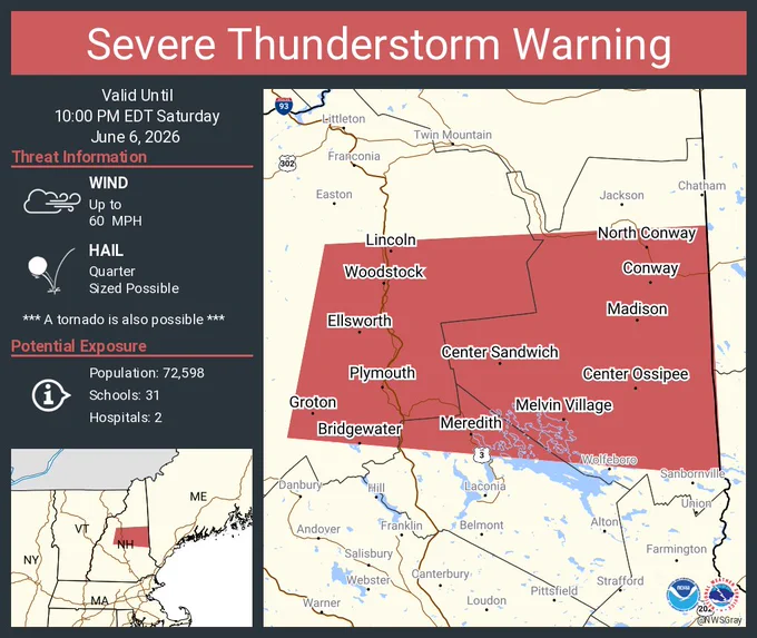 This graphic displays a severe thunderstorm warning plotted on a map. The warning is in effect until 10:00 PM EDT. The warning includes Plymouth NH, North Conway NH and Conway NH.  This warning is for Southeastern Grafton County in northern New Hampshire, Northwestern Belknap County in central New Hampshire and Carroll County in northern New Hampshire. The threats associated with this warning are wind gusts up to 60 MPH and quarter sized hail. There are 72,598 people in the warning along with 31 schools and 2 hospitals.