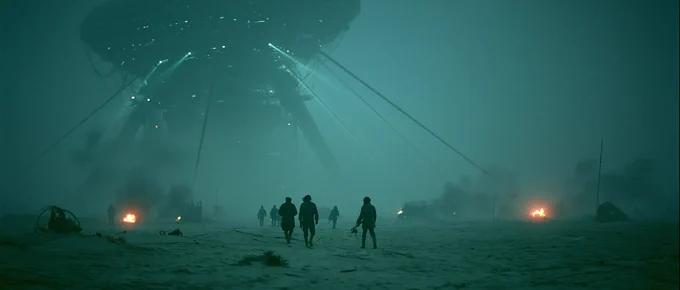 epic cinema still of a sci fi battle, megastructure in the background, otherworldy, precise composition, nightmarish cinematography. muted colours, shot on arri aexa fil camera, negative space, andrei tarkovsky style composition.