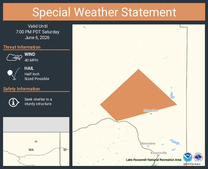This graphic displays a special weather statement plotted on a map. The statement is in effect until 7:00 PM PDT.  The statement includes Okanogan County, WA.  A strong thunderstorm will impact portions of southeastern Okanogan County through 700 PM PDT. The threats associated with this storm are wind gusts up to 40 MPH and half inch sized hail. Seek shelter in a sturdy structure until the storm passes.