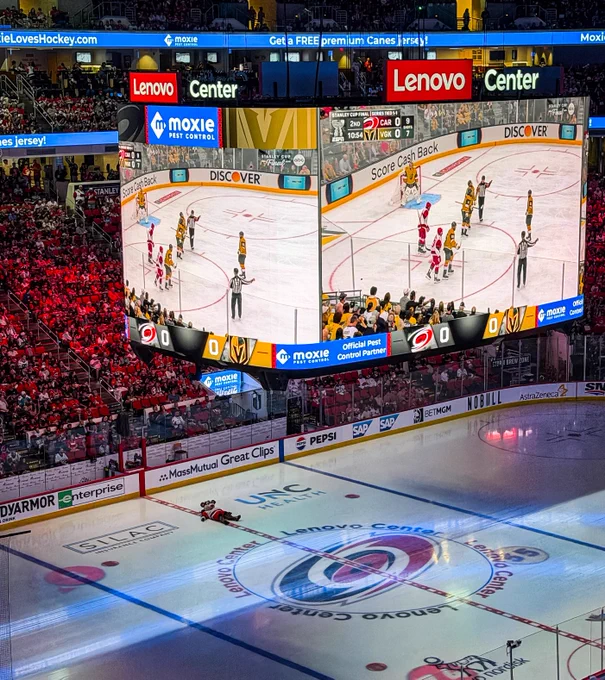 Photo of Stormy laying on the ice watching the Canes game on the videoboard at the watch party 