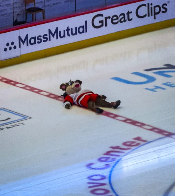 Photo of Stormy laying on the ice watching the Canes game on the videoboard at the watch party 