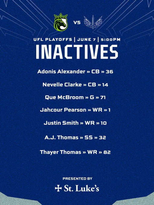A list of inactive players for the UFL playoff game on June 7, featuring player names, positions, and numbers. The design includes team logos and branding elements.
