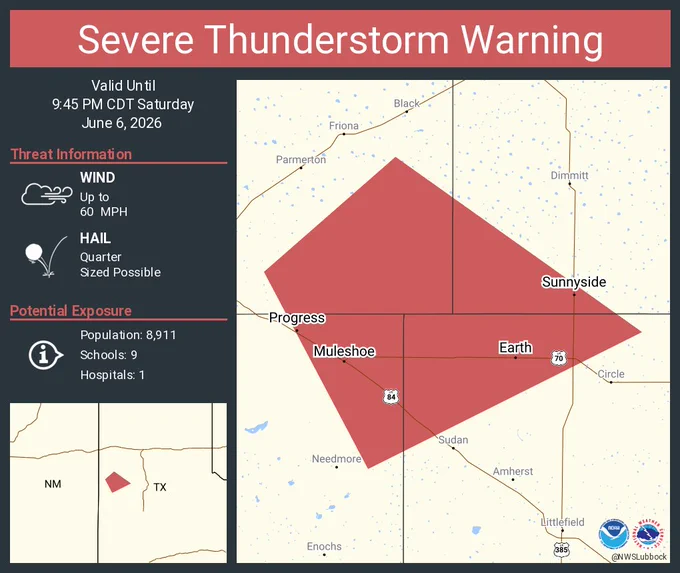 This graphic displays a severe thunderstorm warning plotted on a map. The warning is in effect until 9:45 PM CDT. The warning includes Muleshoe TX, Earth TX and Springlake TX.  This warning is for Northeastern Bailey County in northwestern Texas, Southeastern Parmer County in the Panhandle of Texas, Southwestern Castro County in the Panhandle of Texas and Northwestern Lamb County in northwestern Texas. The threats associated with this warning are wind gusts up to 60 MPH and quarter sized hail. There are 8,911 people in the warning along with 9 schools and 1 hospital.