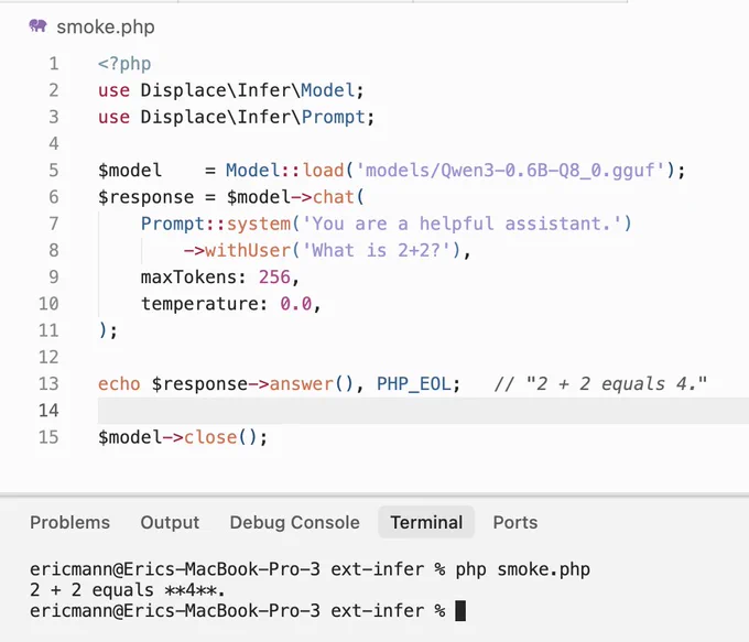 Live demo of ext-infer in PHP generating content from a pre-trained Qwen3 model and a user prompt.