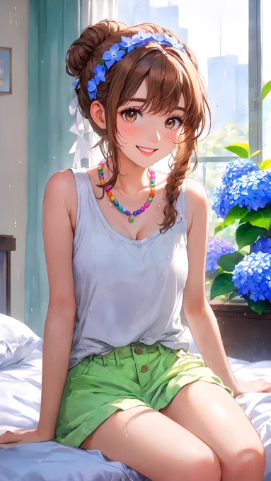 In the soft morning light filtering through a lattice window, Ema sits gracefully on a purple bed. She wears a light green camisole layered with a white ruffled top, presenting a wholesome and fresh look. Her brown hair is styled in loose side braids adorned with blue ribbons. She gazes forward with a beaming, slightly shy smile, capturing a private and peaceful moment of waking up in early summer.