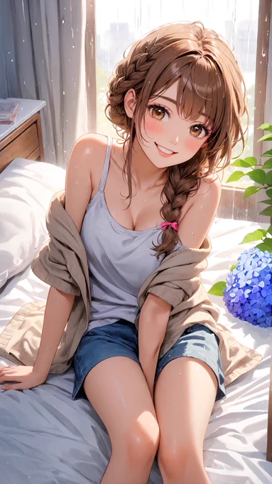 As the crisp morning light streams through the window, Ema sits neatly in a seiza pose on a purple bed. She wears a light green camisole layered with a delicate white ruffled top, combined with neatly braided side hair and blue ribbons. Looking directly at the camera with a bright, earnest smile, she embodies a refreshing and disciplined start to a beautiful early summer day.