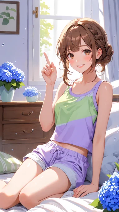 Basking in the refreshing morning sun by the window, Ema sits relaxed on her bed. She wears a neon green tank top underneath a loose light green cardigan, paired with casual denim shorts. Her braided side hair frames her radiant face as she smiles warmly at the viewer, blending a casual, private lifestyle with a lively, athletic charm.