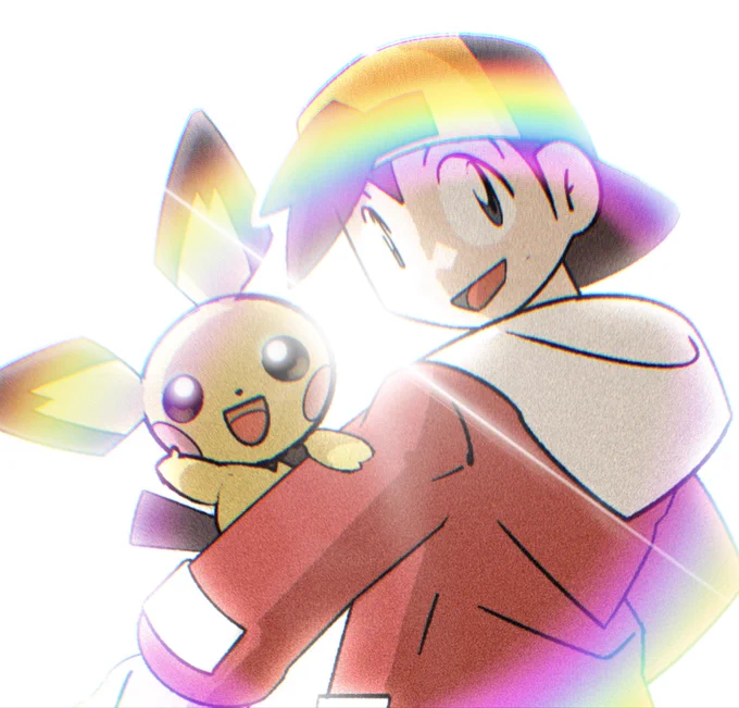 A digital drawing of the character Ethan from the Pokémon series and one of the protagonists of the Nintendo Game Boy and Game Boy Color games Pokémon Gold, Silver, and Crystal (Game Freak 1999, 2000). Ethan is a young boy drawn from the waist up wearing a long-sleeved red hoodie and backwards orange and black cap with short, dark hair, and a larger tuft of hair visible through clasp. Ethan’s body is faced away from the camera while he turns his head to smile at the viewer, stretching out his left arm downwards, on which a Pichu sits. Pichu is a yellow rodent and has a large round head, diamond-shaped ears tipped in black, a small body and stubby arms, a dark rectangular tail, and two large pink circles on its cheeks beneath dark circular eyes, which shine. A light shines through between Ethan and Pichu as they stand against a bright white background, creating a rainbow halo effect.