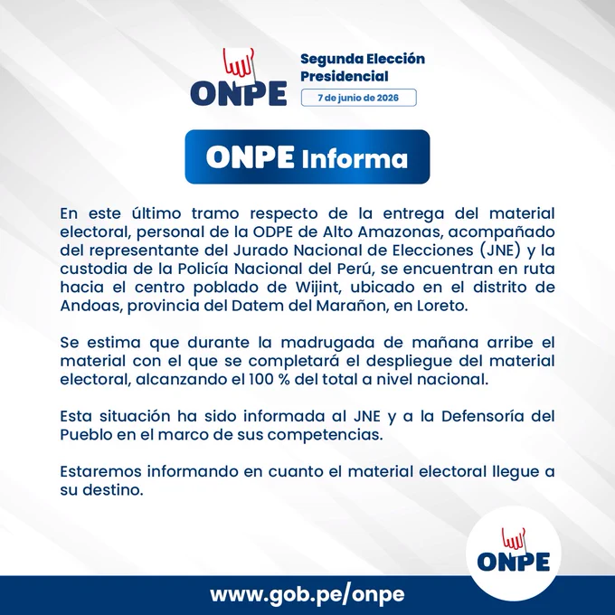 La entrega de material electoral al CCPP Wijint (ODPE Alto Amazonas) culminará en las próximas horas, con lo cual se completaría el despliegue al 100 % a nivel nacional.