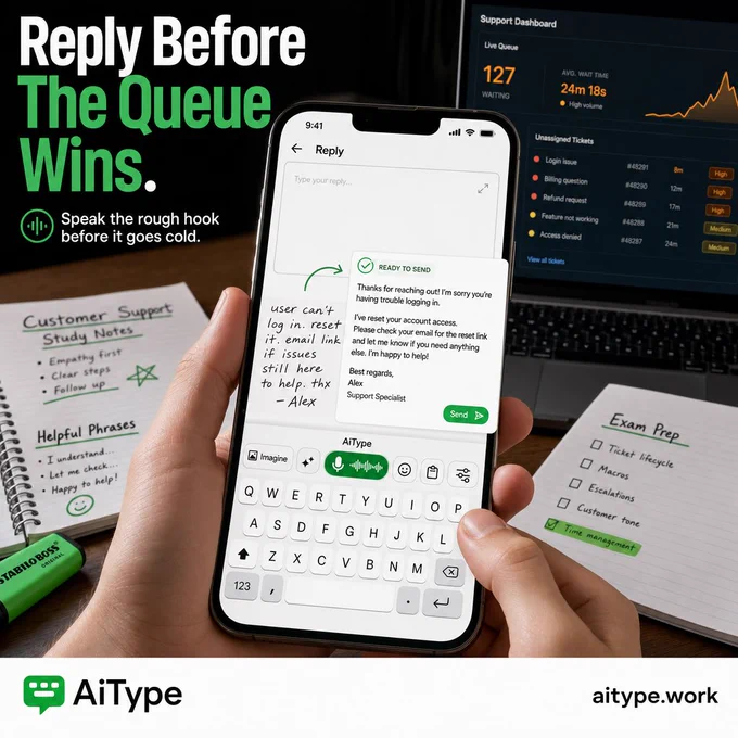 Close-up of a hand holding a phone over a student desk. The AiType keyboard on screen transforms rough handwritten text into a polished support reply message. In the background, a laptop displays a busy support dashboard with visible queue pressure. The image headline reads 'Reply Before The Queue Wins.'