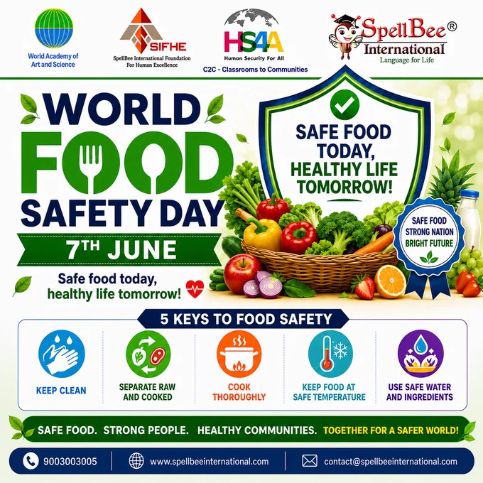 World Food Safety Day highlights the importance of safe food practices in protecting health, preventing foodborne diseases, and ensuring that everyone has access to safe and nutritious food. The day encourages individuals, schools, communities, businesses, and governments to work together to make food safer, healthier, and more sustainable for all.

#WorldFoodSafetyDay #FoodSafetyDay #SafeFood #FoodSafetyMatters #SafeFoodToday #HealthyLifeTomorrow #FoodSecurity #HealthSecurity #PublicHealth #SafeFoodForAll #FoodborneDiseasePrevention #HealthyCommunities #NutritionMatters #CleanFood #FoodHygiene #SafeFoodPractices #HealthyLiving #SustainableFoodSystems #CommunityHealth #ProtectHealth #HumanSecurityForAll #HS4A #HS4AIndia #SpellBeeInternational #SIFHE #WAAS #ClassroomToCommunities #C2C