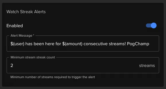 Example of a configured watch streak chat alert.