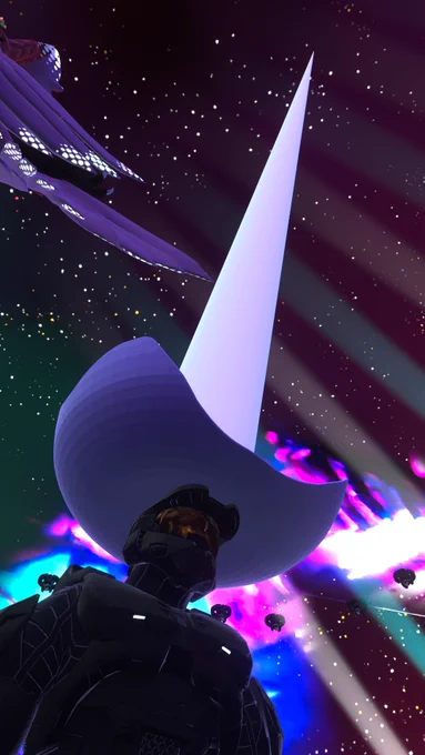 A singular light beam shoots down to the tip of a wide-brim white cowboy hat, worn by none other by Halo Master Chief. Stars gleam above in the night sky, flanked by club lighting.
