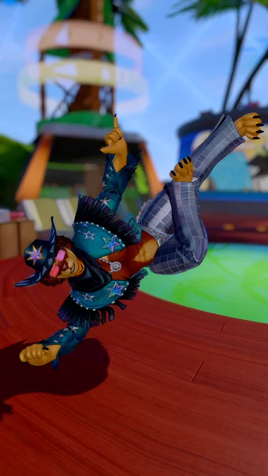 An extremely stylish cowboy is in the middle of a wild-angled breakdancing pose!