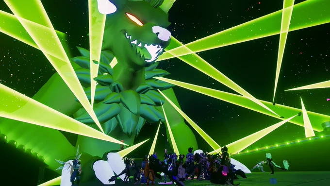A giant kaiju creature takes up the stage in the middle of a busy Club F.Y.N.N. instance!