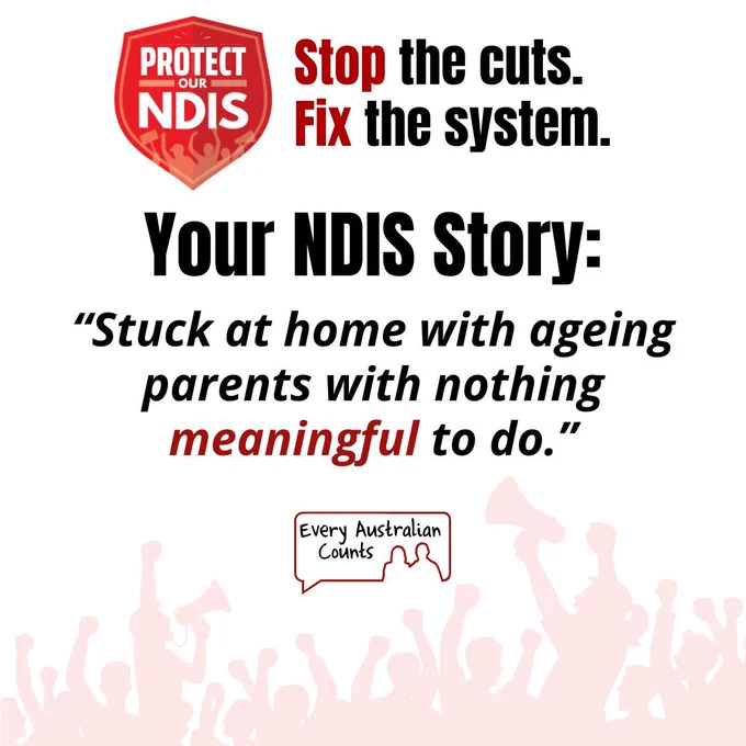 Graphic from Every Australian Counts' Protect Our NDIS campaign. At the top is a red shield logo reading "Protect Our NDIS" beside the text "Stop the cuts. Fix the system." Large black text reads "Your NDIS Story:" followed by the quote: "Stuck at home with ageing parents with nothing meaningful to do." The word "meaningful" is highlighted in red. The Every Australian Counts logo appears near the bottom above a pale red crowd silhouette. 