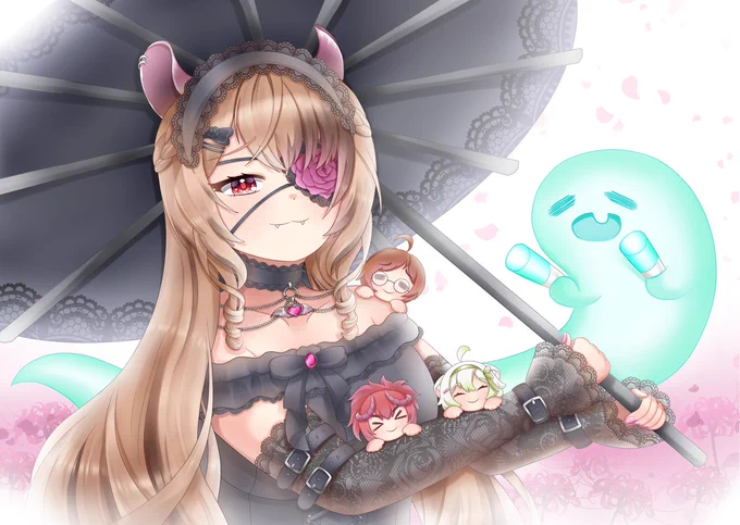 Illustration of Nimi Nightmare's new goth outfit, along with her vtuber friends LovelyMomo, Laimu, and Grape!