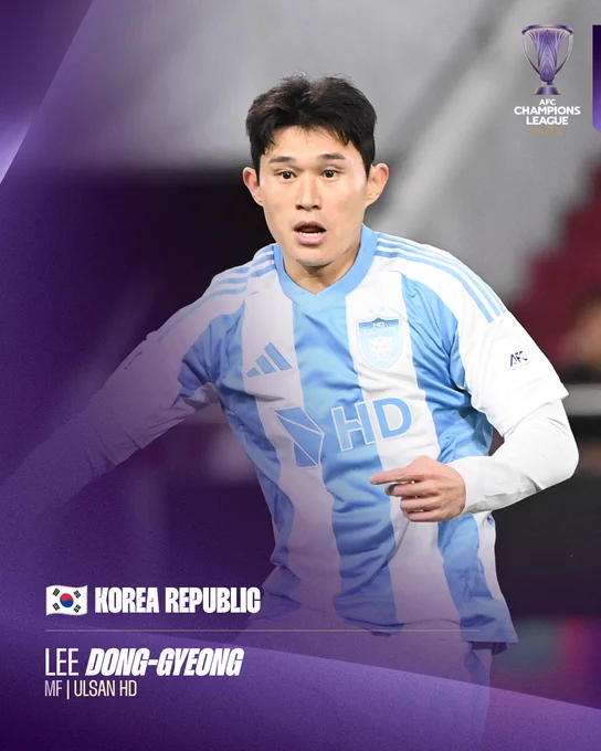 A Korea Republic midfielder in action during an AFC Champions League match. The image features text overlay with player's details and AFC branding, creating a dynamic sports scene.