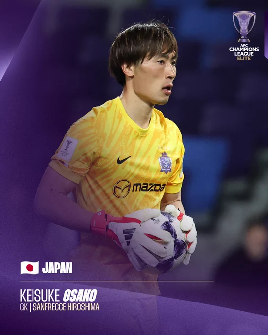 Keisuke Osako, goalkeeper for Sanfrecce Hiroshima, holds the ball during an AFC Champions League match. The image conveys a focused and competitive atmosphere.