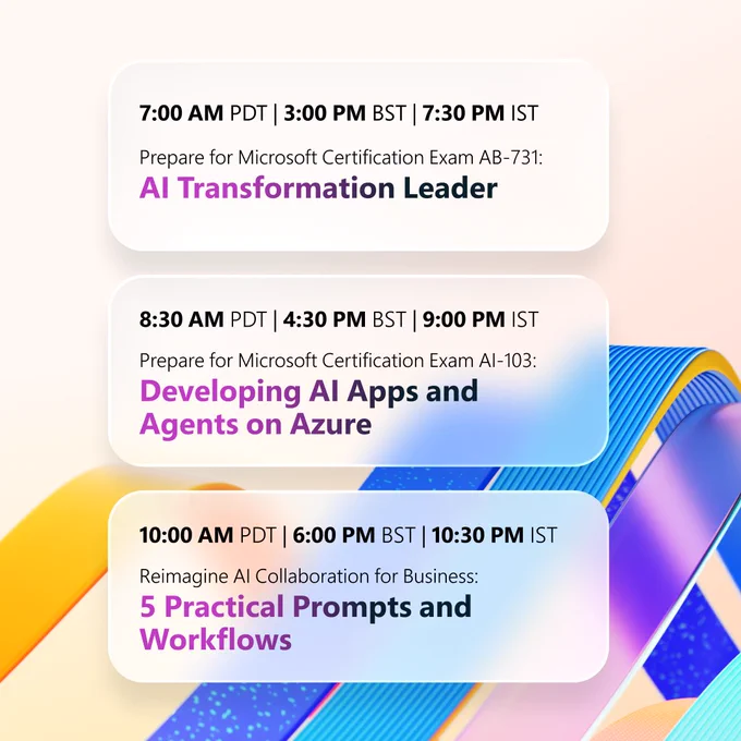 Event schedule for AI Skills Fest on June 9. The layout mirrors the June 8 design with colorful abstract ribbons. Session titles include AI Transformation Leader, Developing AI Apps and Agents on Azure, and 5 Practical Prompts and Workflows, each listed with global time zones.
