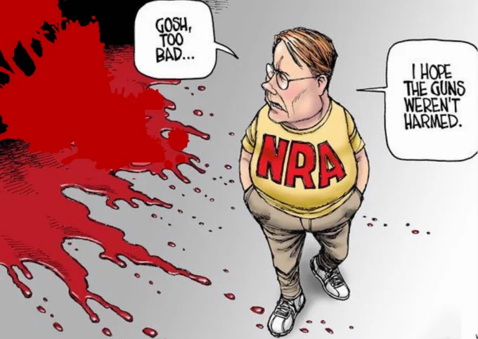 Caricature of Wayne LaPierre walking leisurely past pools of blood from gun violence. Includes speech bubbles with text: Gosh, too bad. I hope the guns weren't harmed.