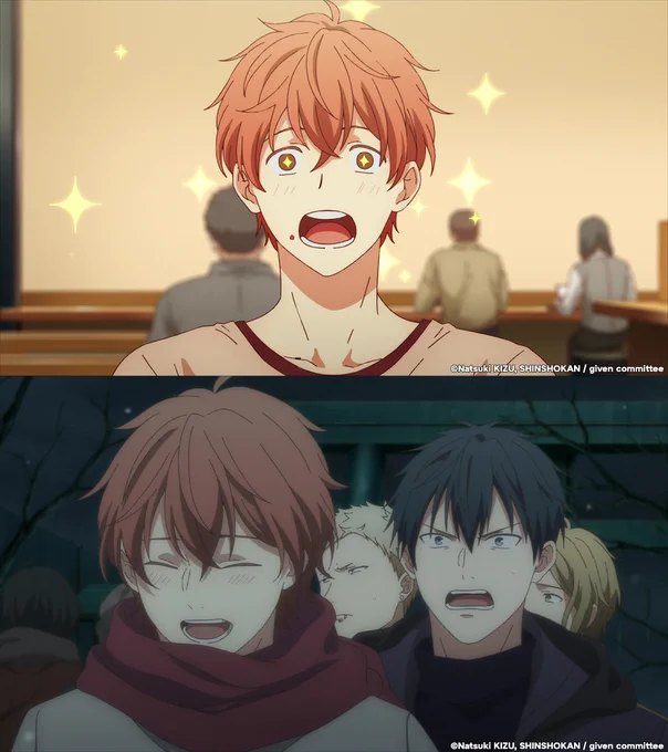 Two images of Mafuyu from given the Movie. In the top image, he wears a shocked expression as the air sparkles around him. In the bottom image he blushes and smiles as Uenoyama stands behind him with a shocked expression.