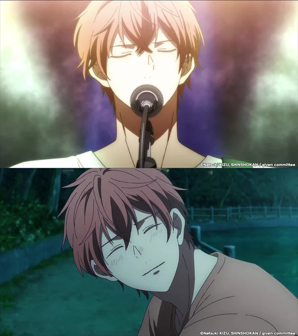 Two images of Mafuyu from given the Movie. In the top image, he sings into a microphone under a spotlight with his eyes closed. In the bottom image, he smiles and blushes.