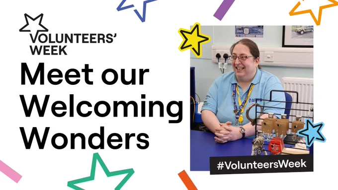 A smiling woman in a blue polo shirt is featured in a graphic celebrating Volunteers' Week.