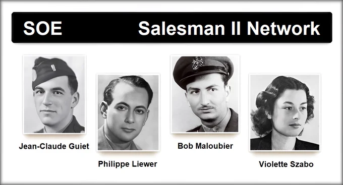 Jean-Claude Guiet 
(OSS attached to SOE)

Philippe Liewer

Robert "Bob" Maloubier

Violette Szabo

MORE INFORMATION
https://www.historynet.com/daniel-guiet-a-fathers-secret-war/

https://fr.wikipedia.org/wiki/Jean-Claude_Guiet

https://fr.wikipedia.org/wiki/Bob_Maloubier

https://en.wikipedia.org/wiki/Violette_Szabo

https://www.specialforcesroh.com/index.php?threads/guiet-jean-claude.48285/

https://www.specialforcesroh.com/index.php?threads/staunton-geoffrey-mark.31756/

https://www.specialforcesroh.com/index.php?threads/maloubier-robert-bob.31342/

https://www.specialforcesroh.com/index.php?threads/szabo-violette-reine-elizabeth.4170/

http://www.plan-sussex-1944.net/anglais/pdf/infiltrations_into_france.pdf