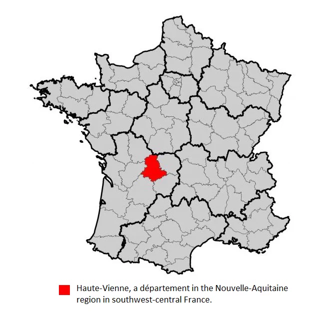 Map of France highlighting Haute-Vienne, a département in the Nouvelle-Aquitaine region in southeast-central France.