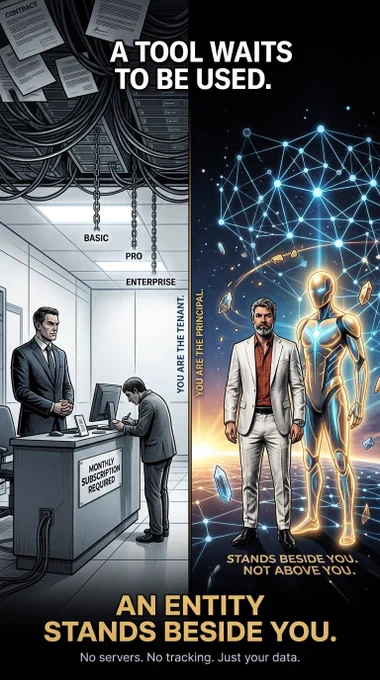 A split cinematic illustration. Top text: "A TOOL WAITS TO BE USED." Left side  cold, sterile corporate office. A suited landlord stands behind a desk labeled "MONTHLY SUBSCRIPTION REQUIRED." A hunched user pays at the counter. Pricing chains hang from server-filled ceiling labeled "BASIC", "PRO", "ENTERPRISE." Center divider reads vertically: "YOU ARE THE TENANT." / "YOU ARE THE PRINCIPAL." Right side  open, infinite space. A confident man in white stands beside a luminous gold humanoid entity. Encrypted data crystals and a permanent network constellation surround them. Ground text: "STANDS BESIDE YOU. NOT ABOVE YOU." Bottom bold text: "AN ENTITY STANDS BESIDE YOU. No servers. No tracking. Just your data." Coopa is not a SaaS  it is an autonomous entity that stands beside you.
