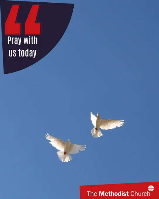 Photo of two doves flying against a clear blue sky. Methodist logo in the lower right corner and text which reads 'pray with us today' in the upper left. 