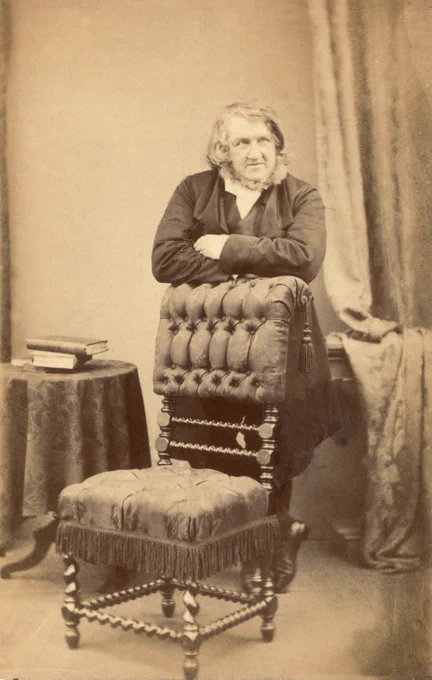 An individual dressed in 19th-century attire leans on an ornate chair with a thoughtful expression. A table with stacked books is beside them, and a curtain hangs in the background.
