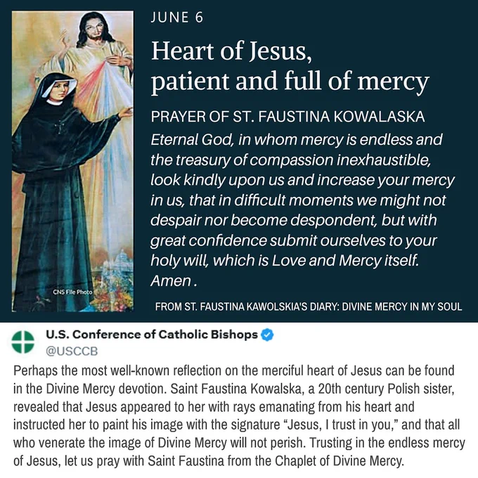On the left, Saint Faustina Kowalska, dressed in a black religious habit, stands with one arm extended while Jesus appears behind her in the Divine Mercy image, with red and pale rays flowing from His Sacred Heart. On the right, against a dark blue background, white text reads: “JUNE 6 – Heart of Jesus, patient and full of mercy.” Beneath the title is a prayer from Saint Faustina beginning, “Eternal God, in whom mercy is endless,” asking for trust, confidence, and perseverance in God's mercy during difficult times.  
  
Below the prayer graphic is a screenshot of a U.S. Conference of Catholic Bishops (USCCB) post explaining the Divine Mercy devotion and Saint Faustina’s visions of Jesus, including the message, “Jesus, I trust in you.” The graphic serves as Day 4 of a Novena to the Sacred Heart of Jesus, focusing on mercy, trust, compassion, and works of mercy toward others.