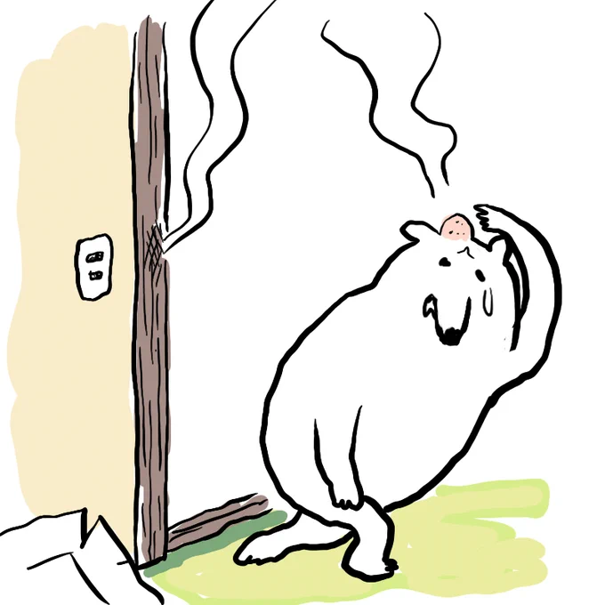 柱に頭をぶつけてたんこぶができているおうちゃくま（くまみねのしろくま）