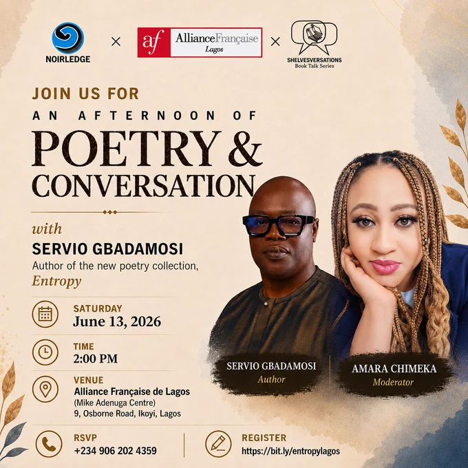 Second flyer for a reading and interactive session with Servio Gbadamosi, author of the new poetry collection, Entropy. 