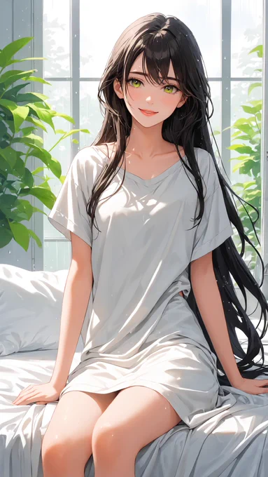 A medium shot of a young Japanese woman, Masaki Kise, with black hair and matching eyes, sitting comfortably on a neatly made bed in a brightly lit bedroom. She wears a simple, casual white sleeveless top as her morning loungewear, showing a healthy and natural look. Her expression is a bright, beaming smile directed at the viewer, filled with warmth and positive energy. Sunlight filters softly through a window in the background, where vibrant green house plants are visible, enhancing the fresh, serene atmosphere of a refreshing early summer morning. The entire scene captures a calm, cozy moment of daily life, emphasizing peace and safe comfort.